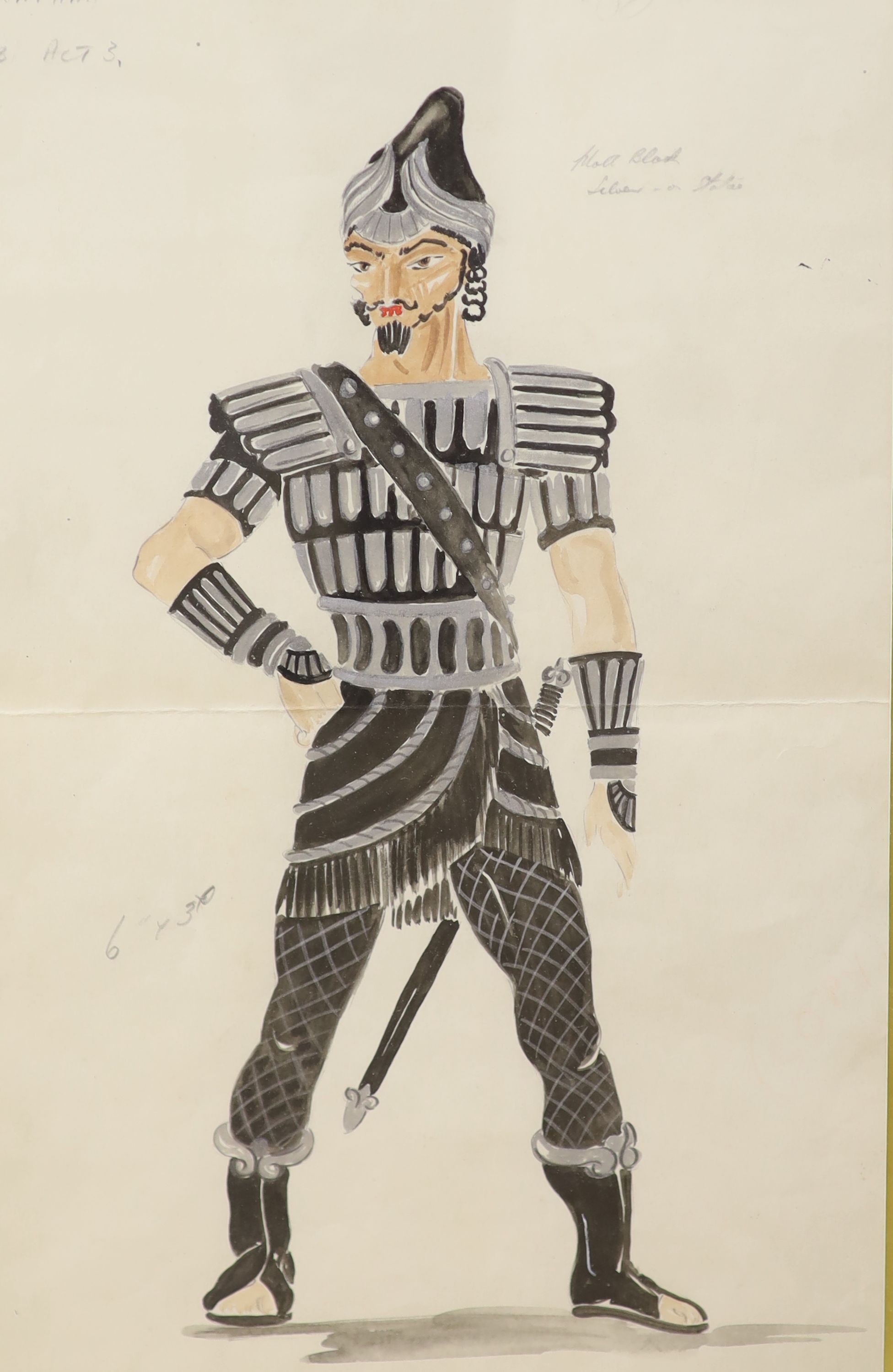 20th century English School, three watercolours, Costume designs for Jonathan, inscribed in pencil, 45 x 27cm